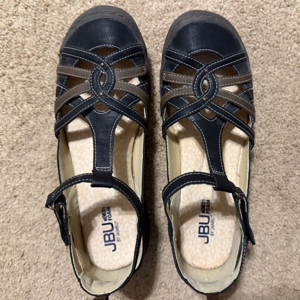 JBU by Jambu Womens 7.5 Navy Blue Strappy Sandals Memory Foam Closed Toe Comfort